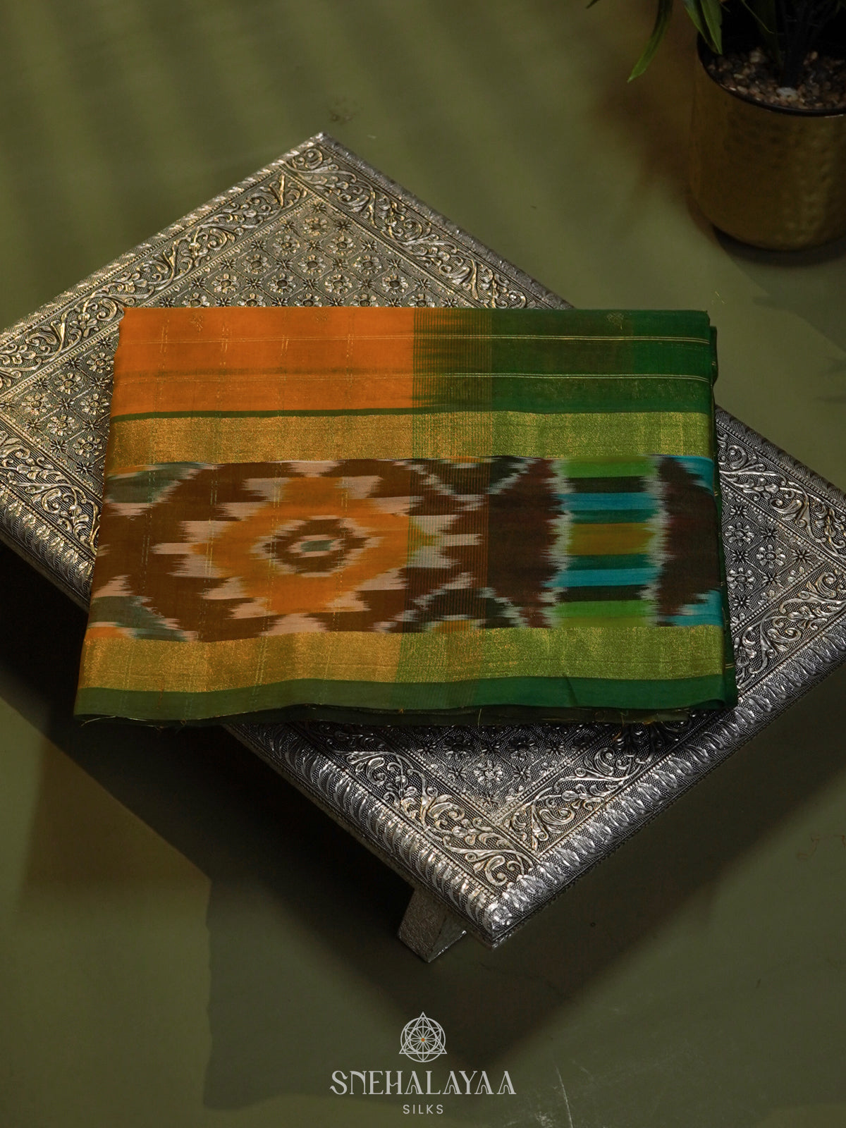 Mustard Orange Silk Cotton Saree with Forest Green Pallu & Ikat Border