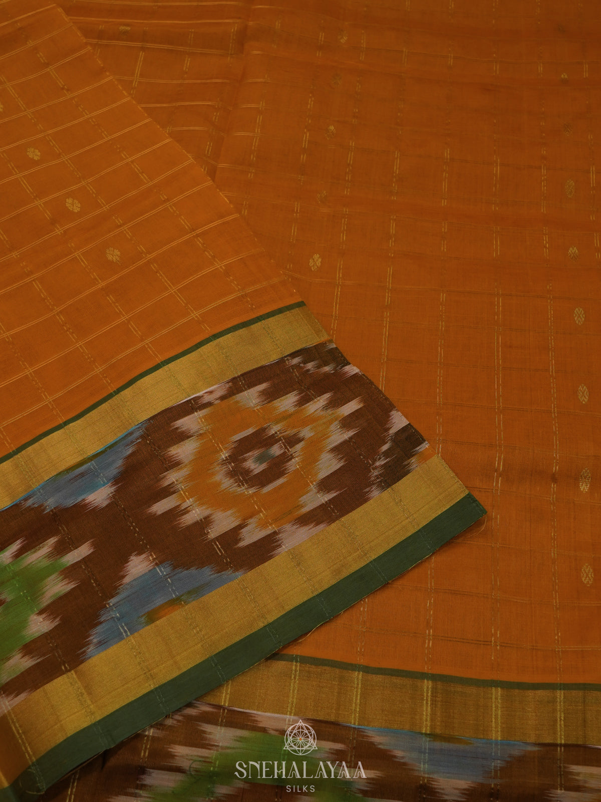 Mustard Orange Silk Cotton Saree with Forest Green Pallu & Ikat Border
