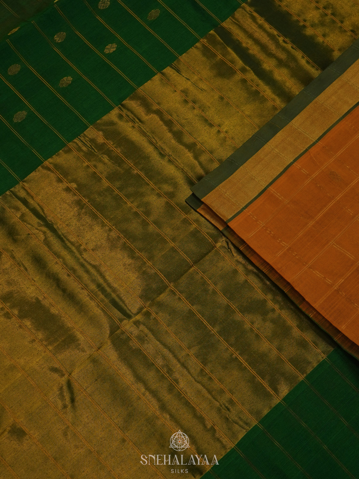 Mustard Orange Silk Cotton Saree with Forest Green Pallu & Ikat Border