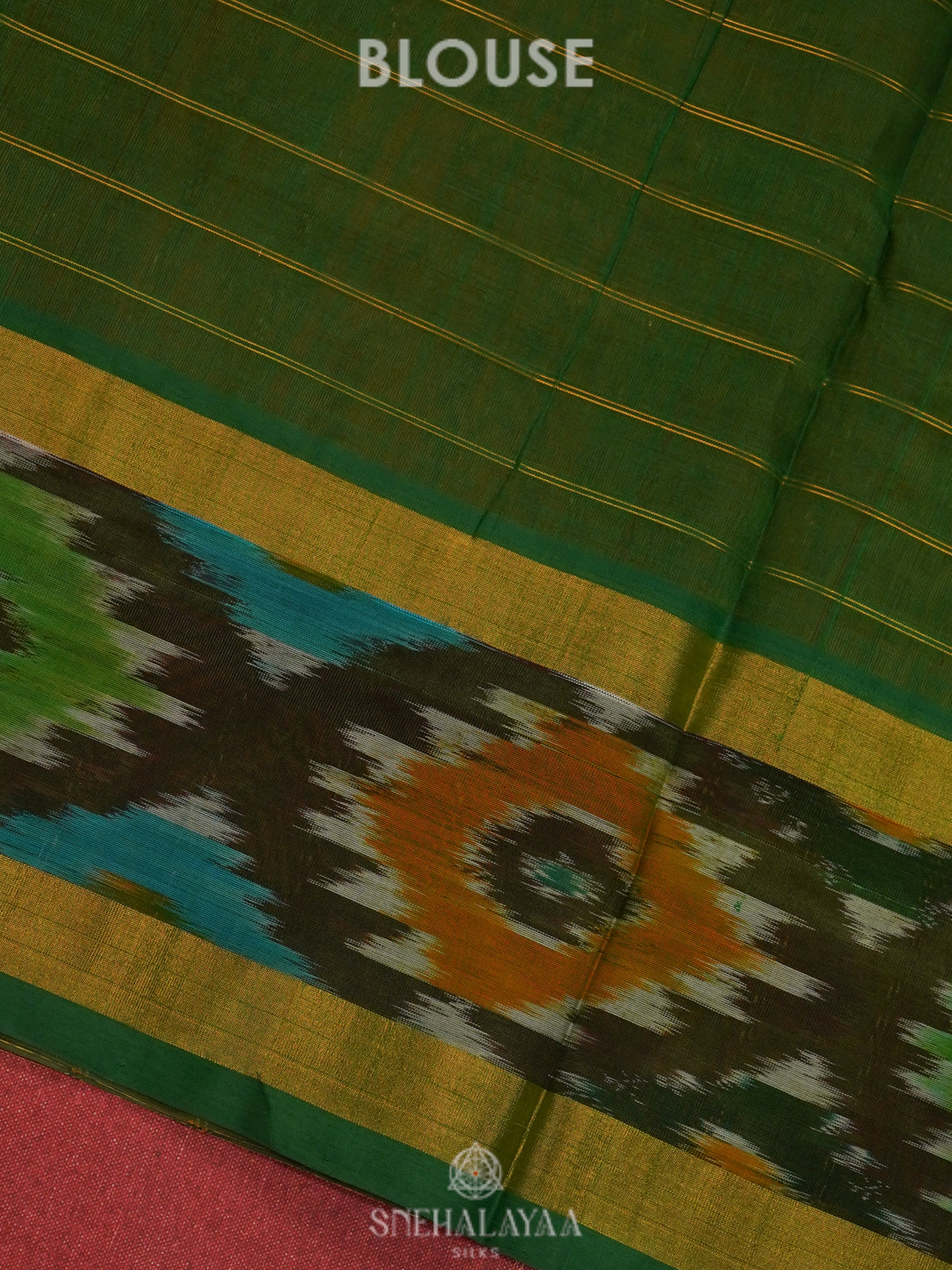 Mustard Orange Silk Cotton Saree with Forest Green Pallu & Ikat Border