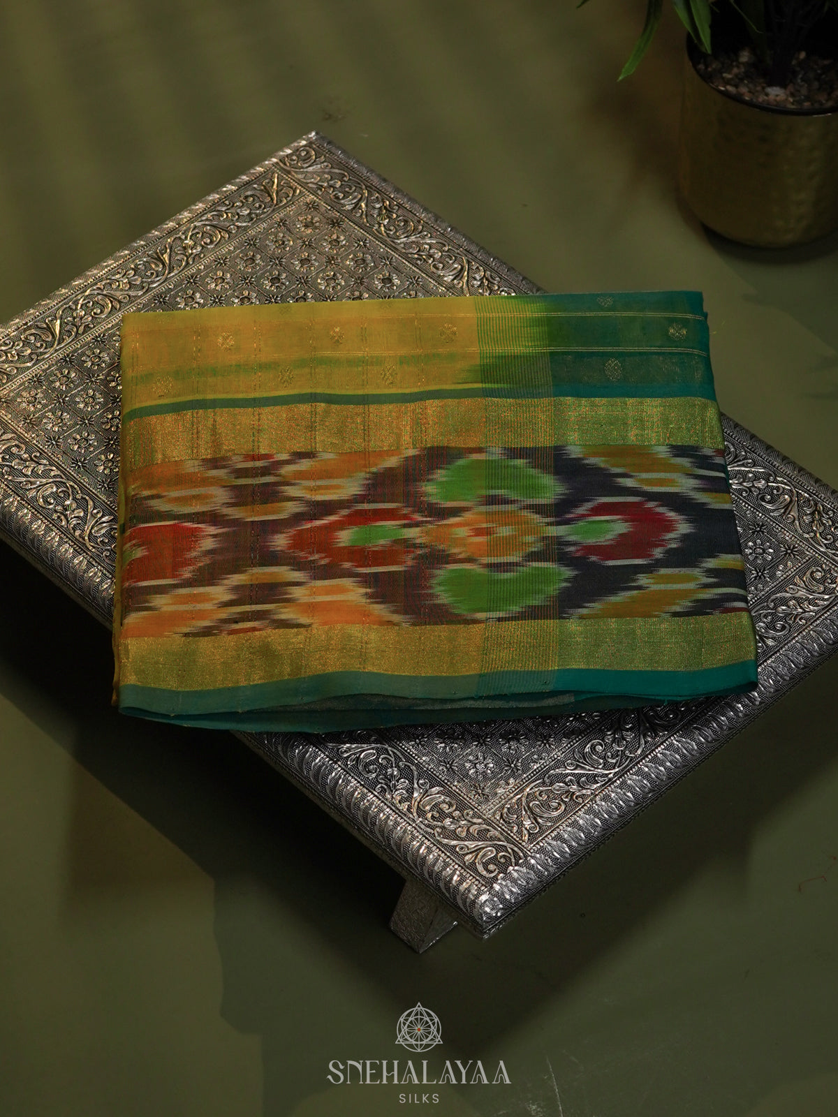 Lime Green Silk Cotton Saree with Forest Green Pallu & Ikat Border