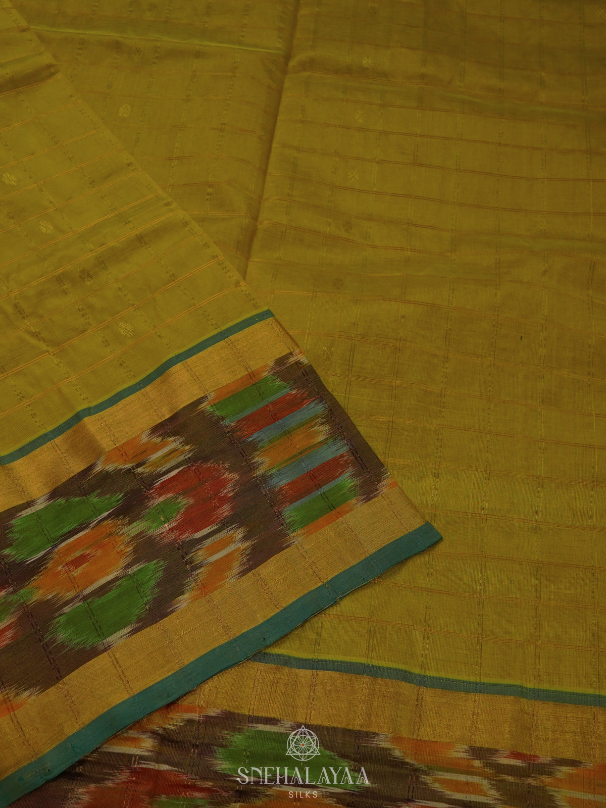 Lime Green Silk Cotton Saree with Forest Green Pallu & Ikat Border