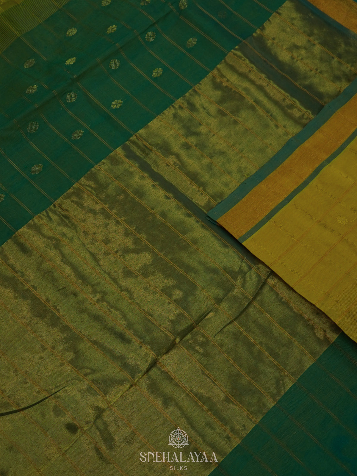 Lime Green Silk Cotton Saree with Forest Green Pallu & Ikat Border