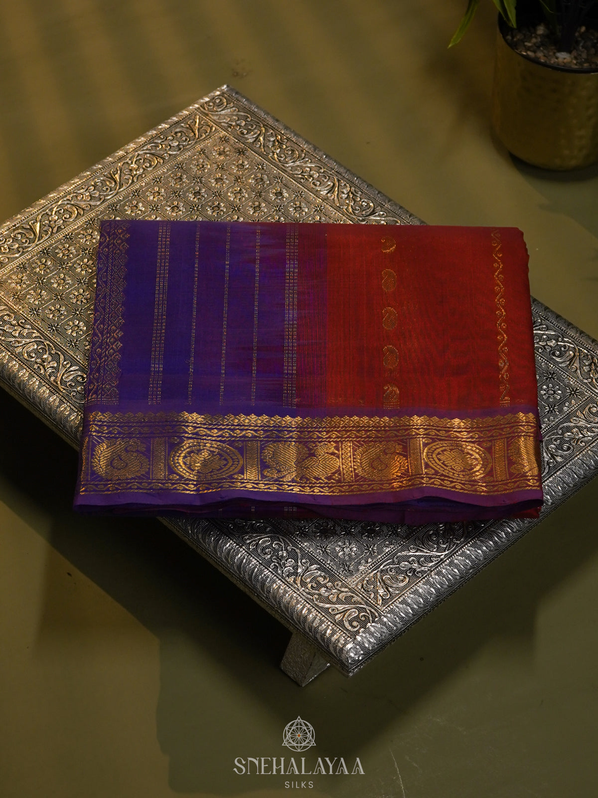 Maroon Silk Cotton Saree with Zari Woven Buttas and Rich Golden Zari Border
