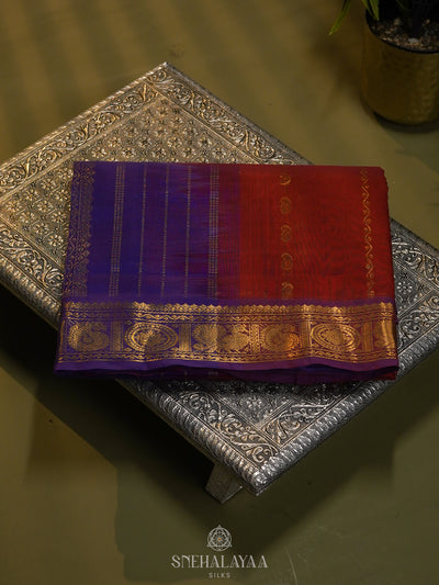 Maroon Silk Cotton Saree with Zari Woven Buttas and Rich Golden Zari Border