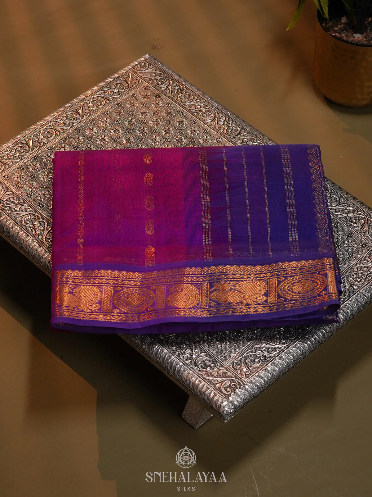 Magenta Pink Silk Cotton Saree with Zari Woven Buttas and Rich Golden Zari Border