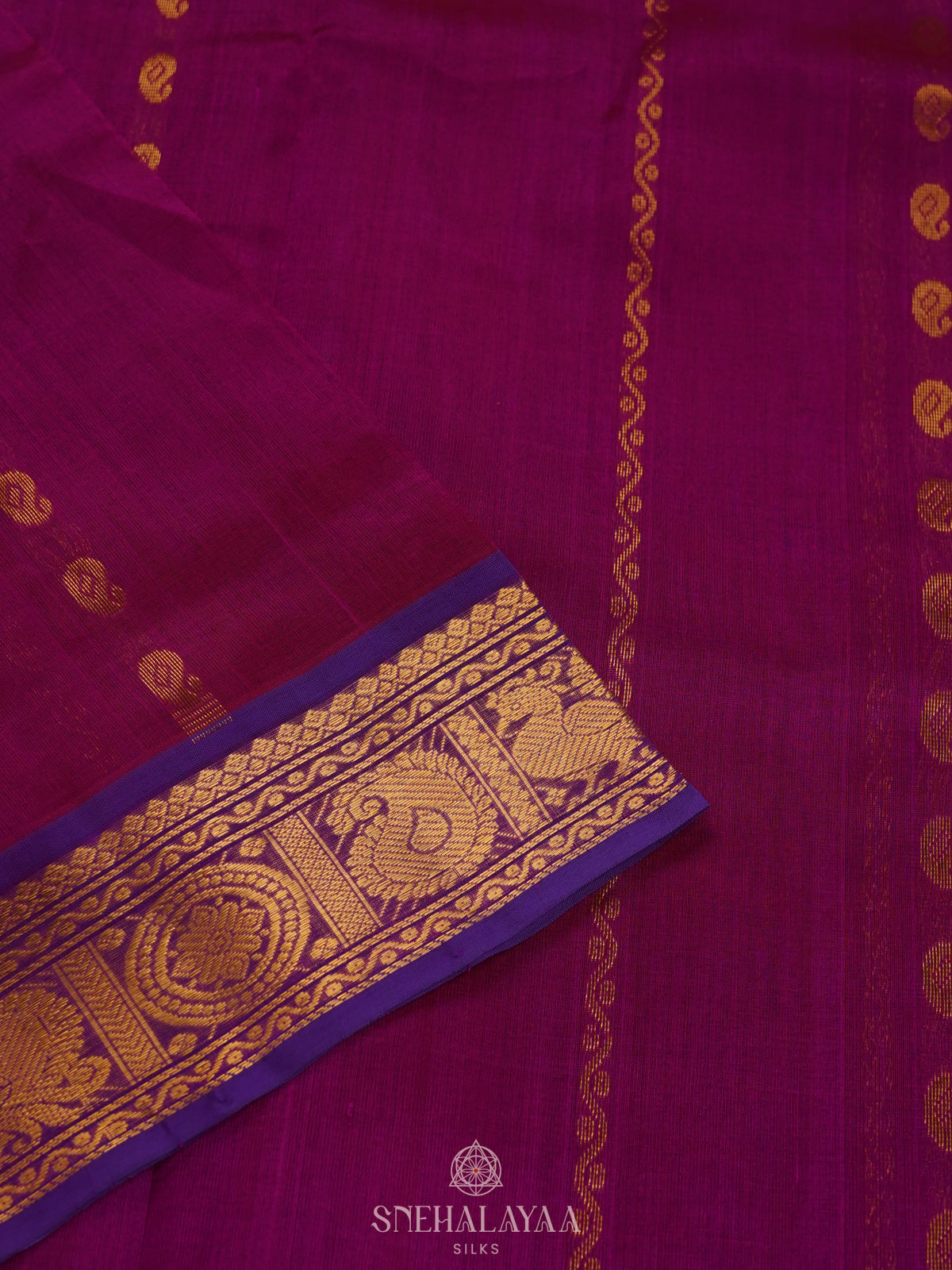 Magenta Pink Silk Cotton Saree with Zari Woven Buttas and Rich Golden Zari Border