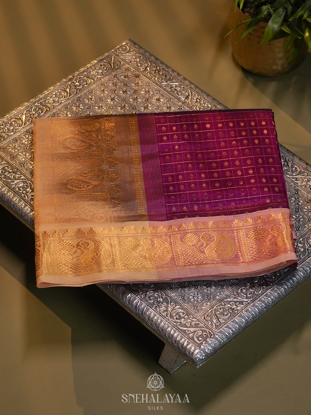 Magenta Kanchi Silk Cotton Saree with 1000 Buttas