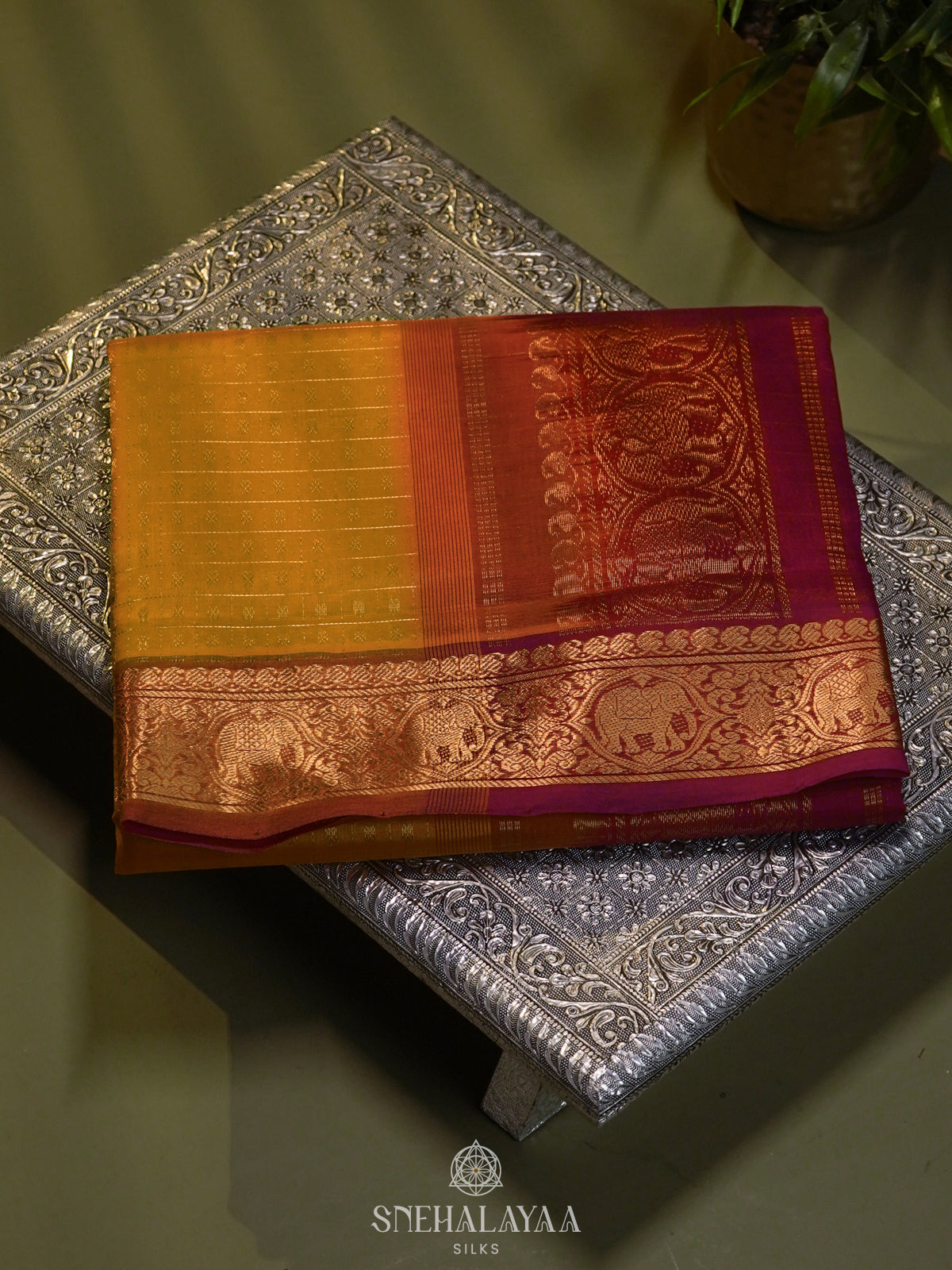 Mustard Kanchi Yellow Silk Cotton Saree with 1000 Buttas