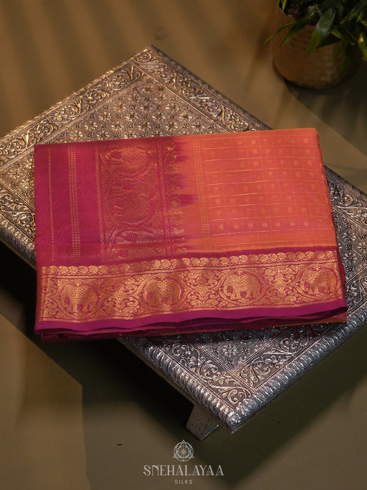 Rust Orange Kanchi Silk Cotton Saree with 1000 Buttas