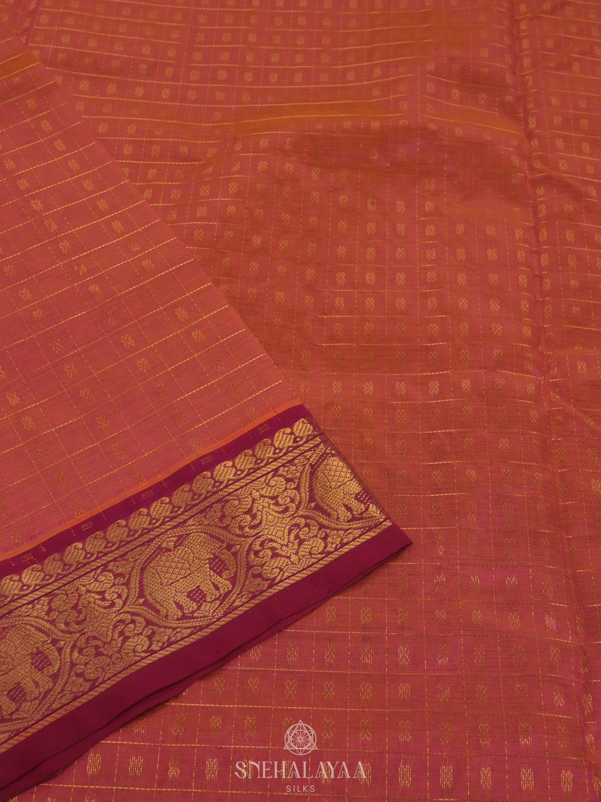 Rust Orange Kanchi Silk Cotton Saree with 1000 Buttas