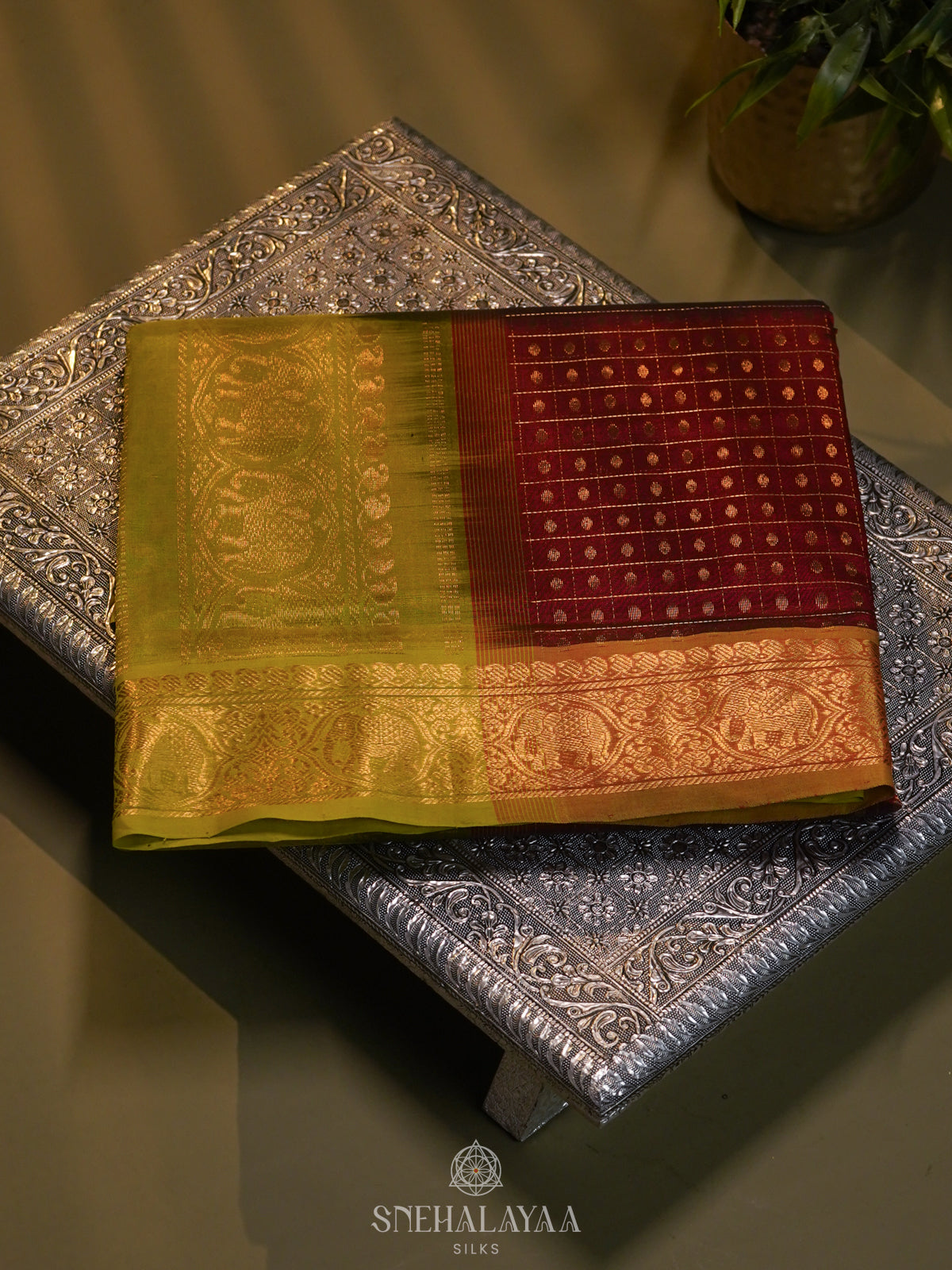 Maroon Kanchi Silk Cotton Saree with 1000 Buttas