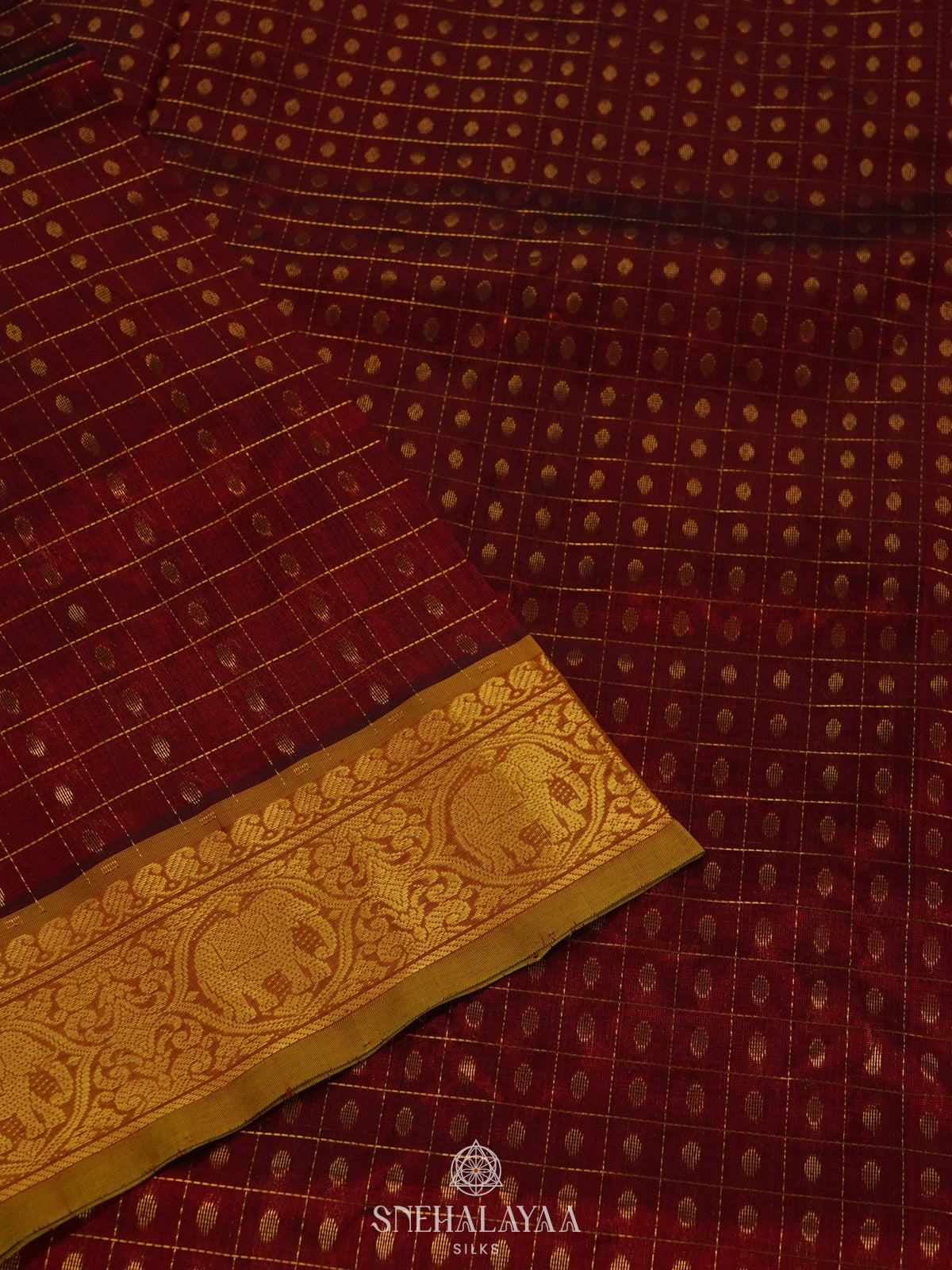 Maroon Kanchi Silk Cotton Saree with 1000 Buttas