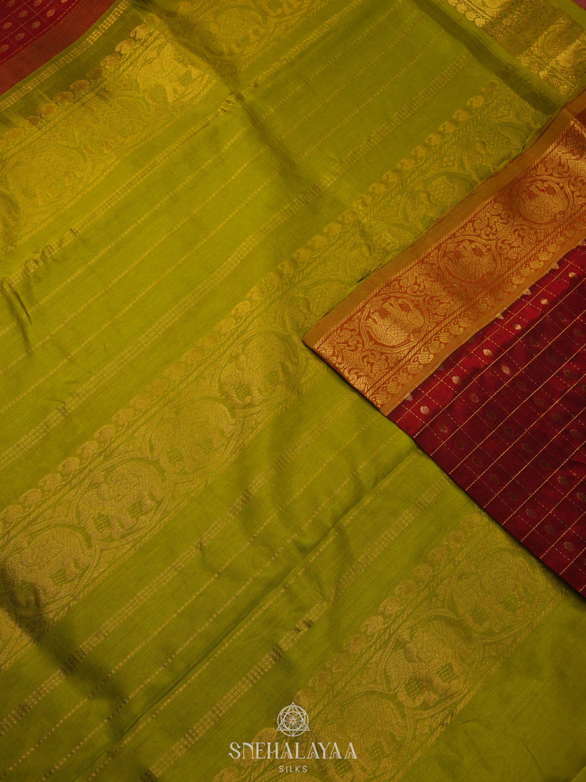 Maroon Kanchi Silk Cotton Saree with 1000 Buttas