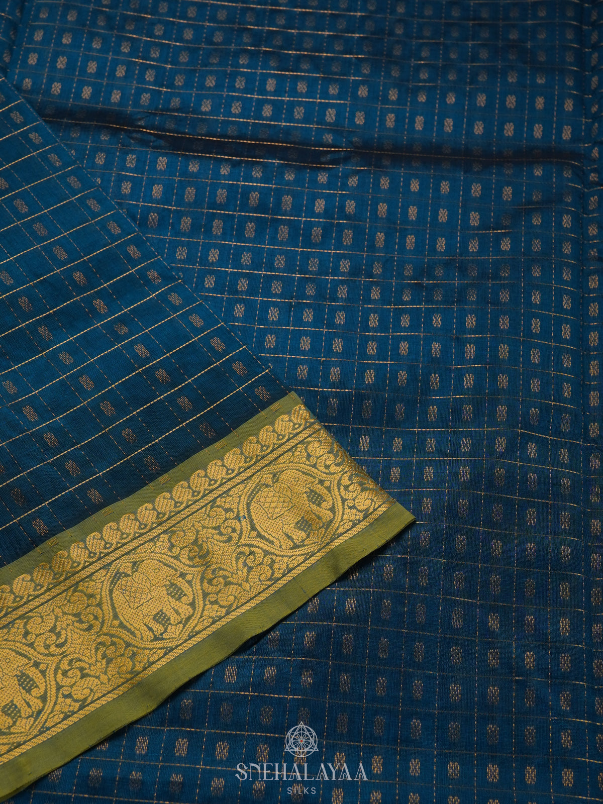 Peacock Blue Kanchi Silk Cotton Saree with 1000 Buttas