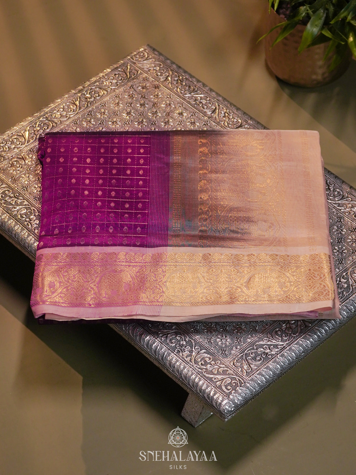 Magenta Kanchi Silk Cotton Saree with 1000 Buttas