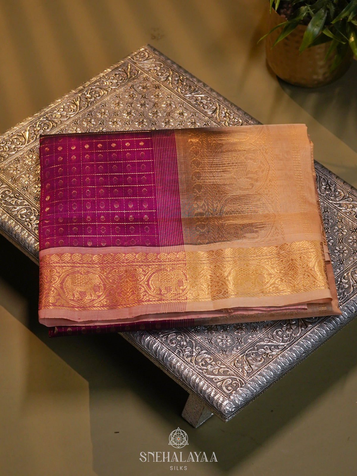 Magenta Pink Kanchi Silk Cotton Saree with 1000 Buttas