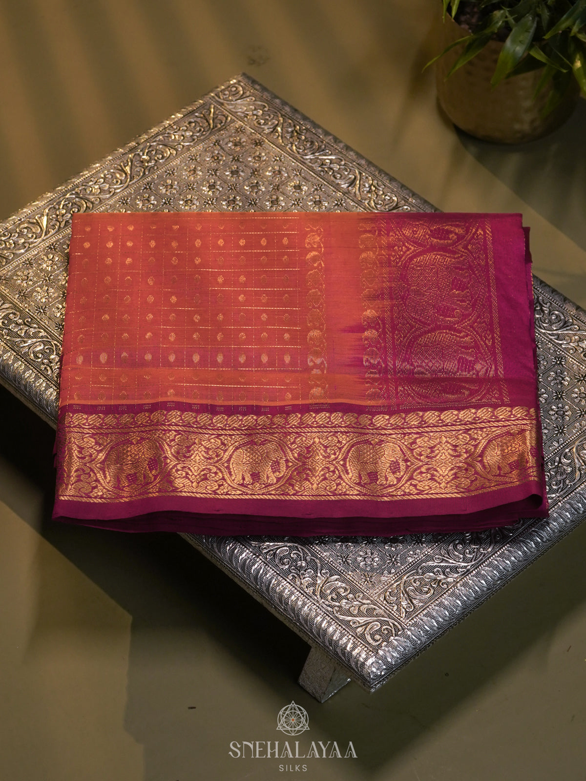 Orange Kanchi Silk Cotton Saree with 1000 Buttas