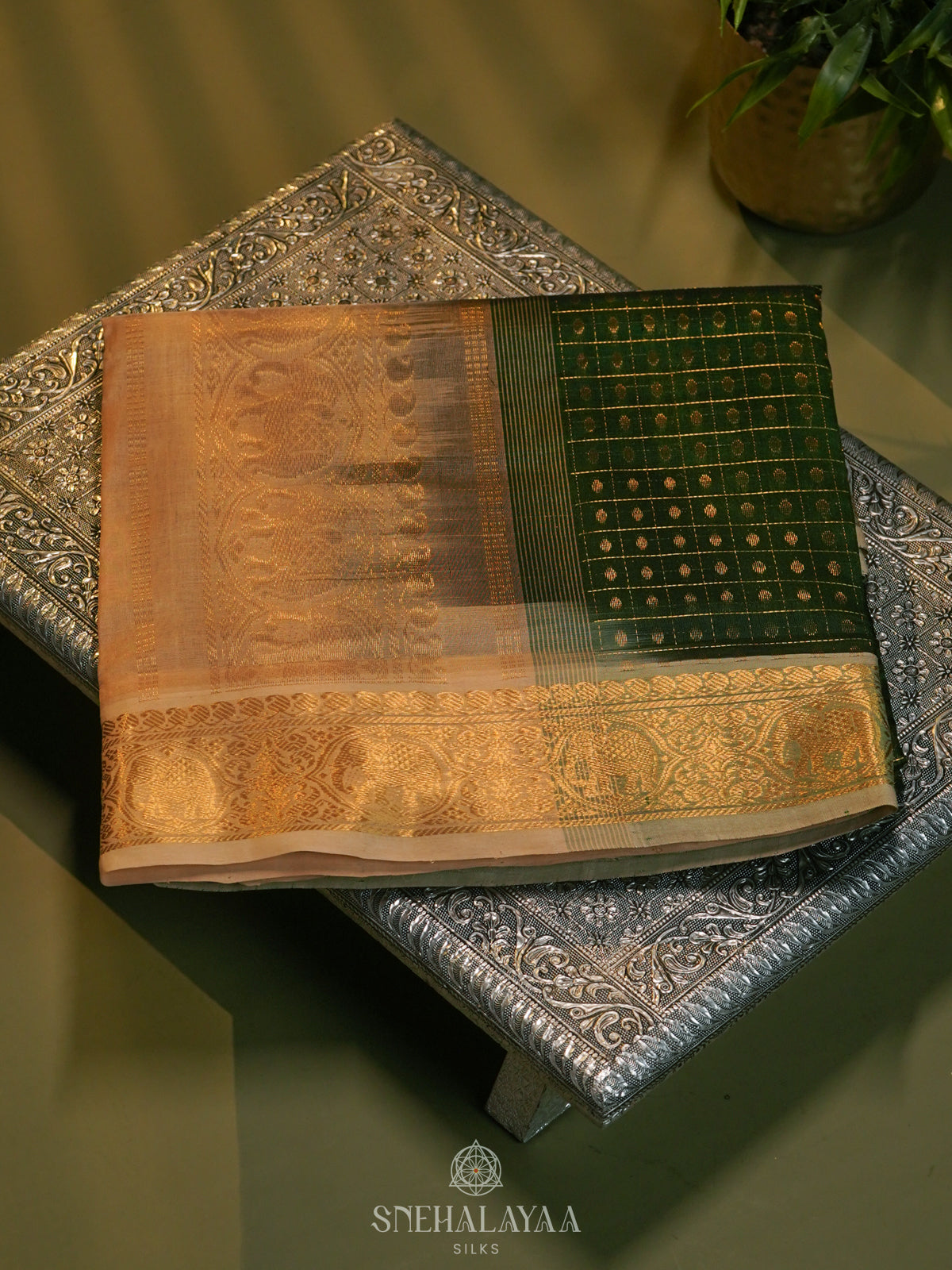 Emerald Green Kanchi Silk Cotton Saree with 1000 Buttas