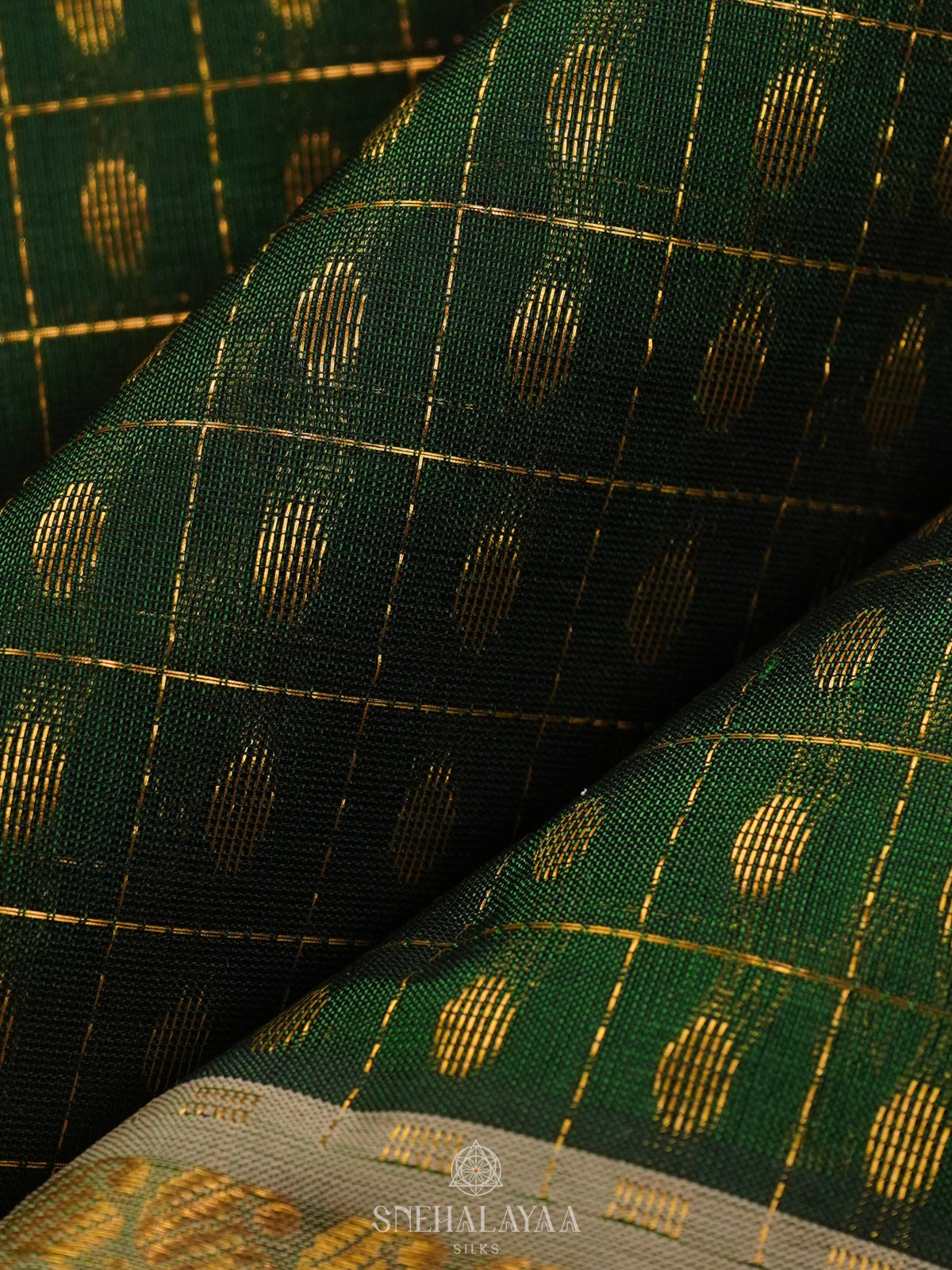 Emerald Green Kanchi Silk Cotton Saree with 1000 Buttas