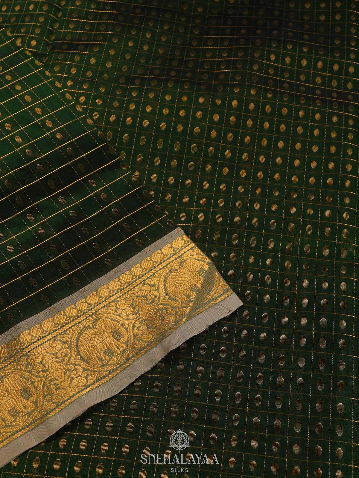 Emerald Green Kanchi Silk Cotton Saree with 1000 Buttas