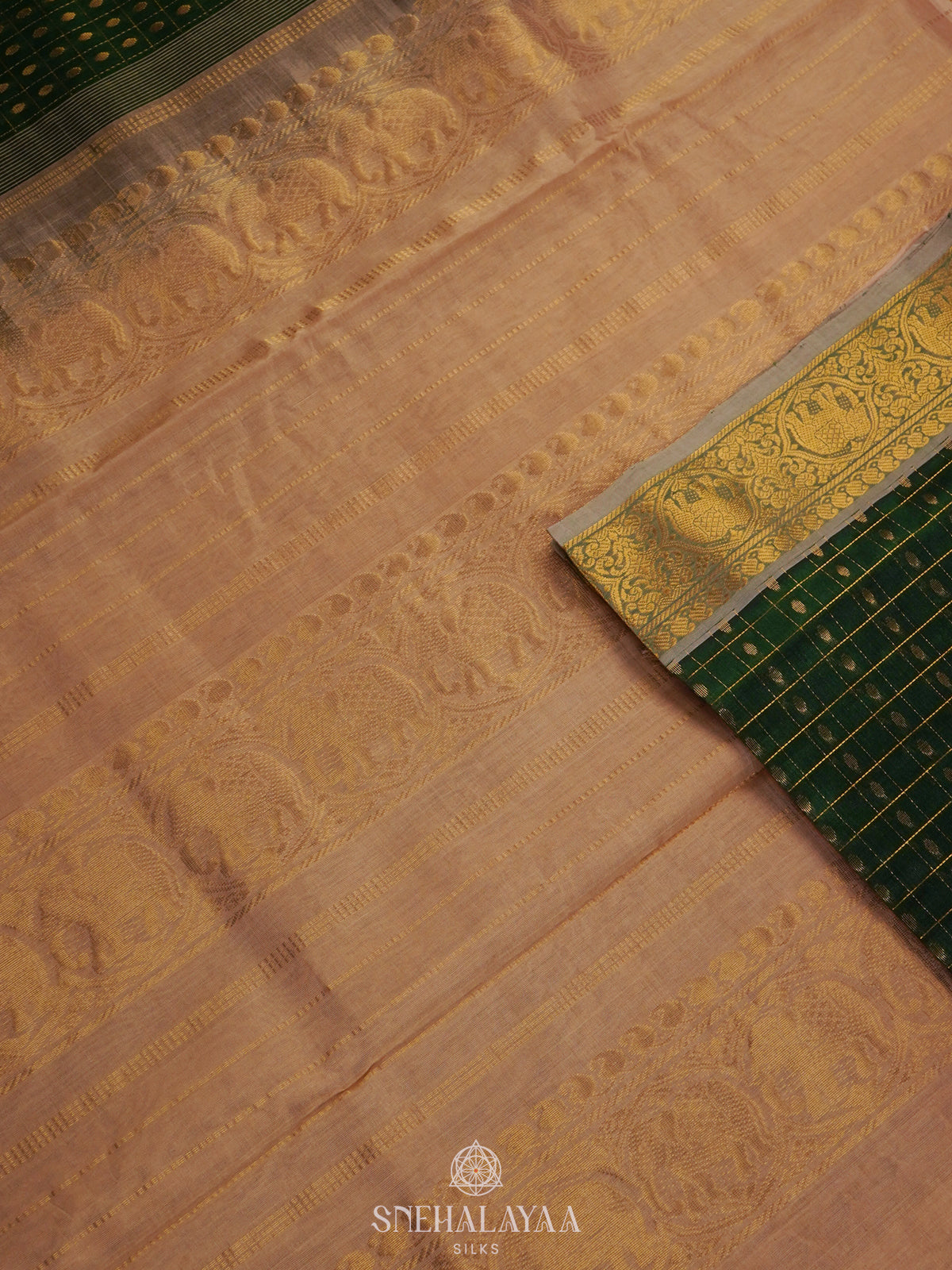 Emerald Green Kanchi Silk Cotton Saree with 1000 Buttas