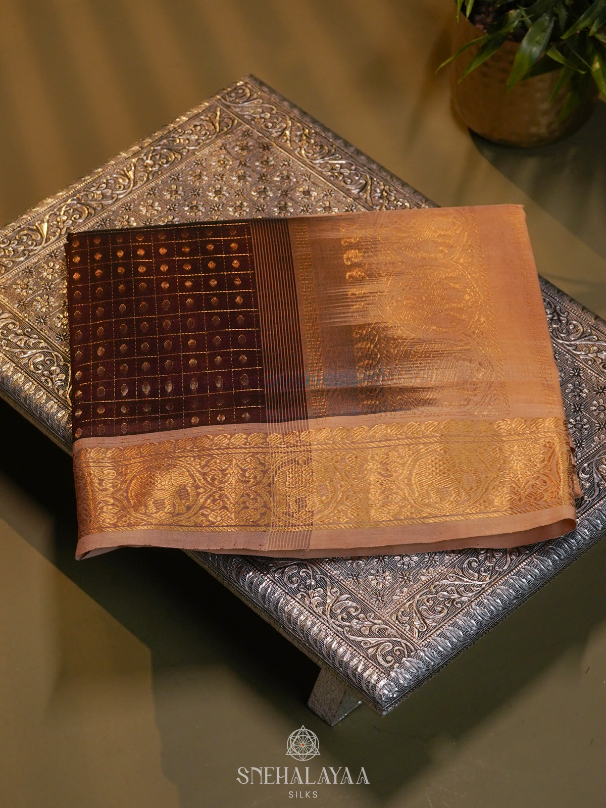 Brown Kanchi Silk Cotton Saree with 1000 Buttas