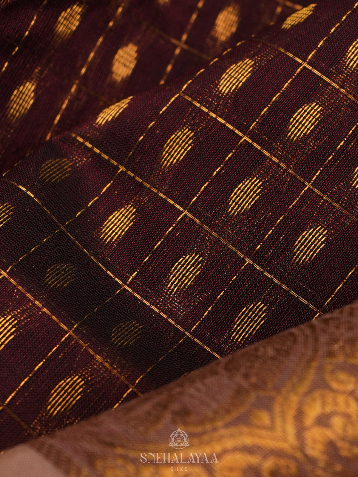 Brown Kanchi Silk Cotton Saree with 1000 Buttas