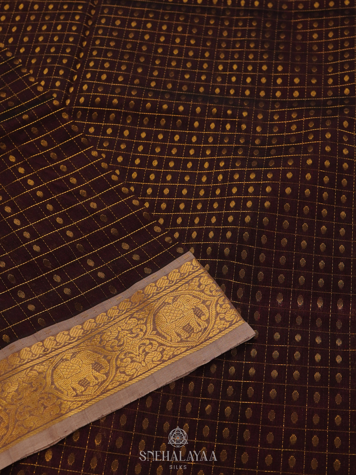 Brown Kanchi Silk Cotton Saree with 1000 Buttas