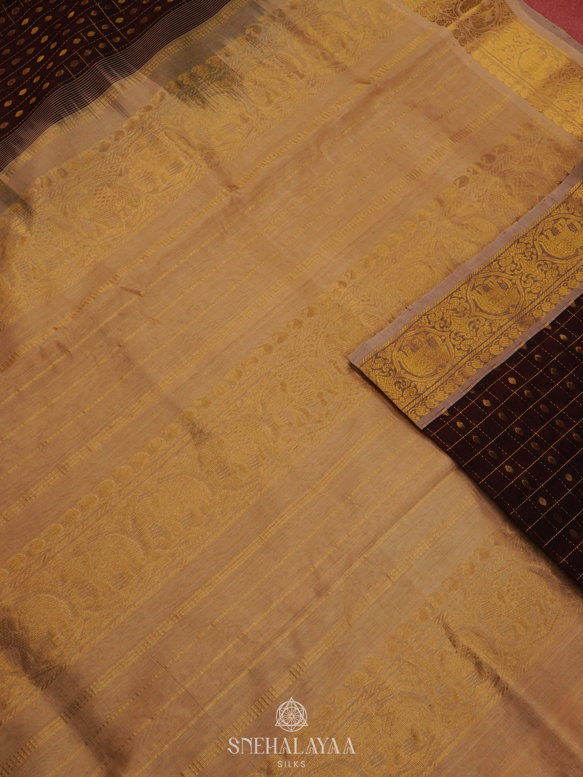 Brown Kanchi Silk Cotton Saree with 1000 Buttas