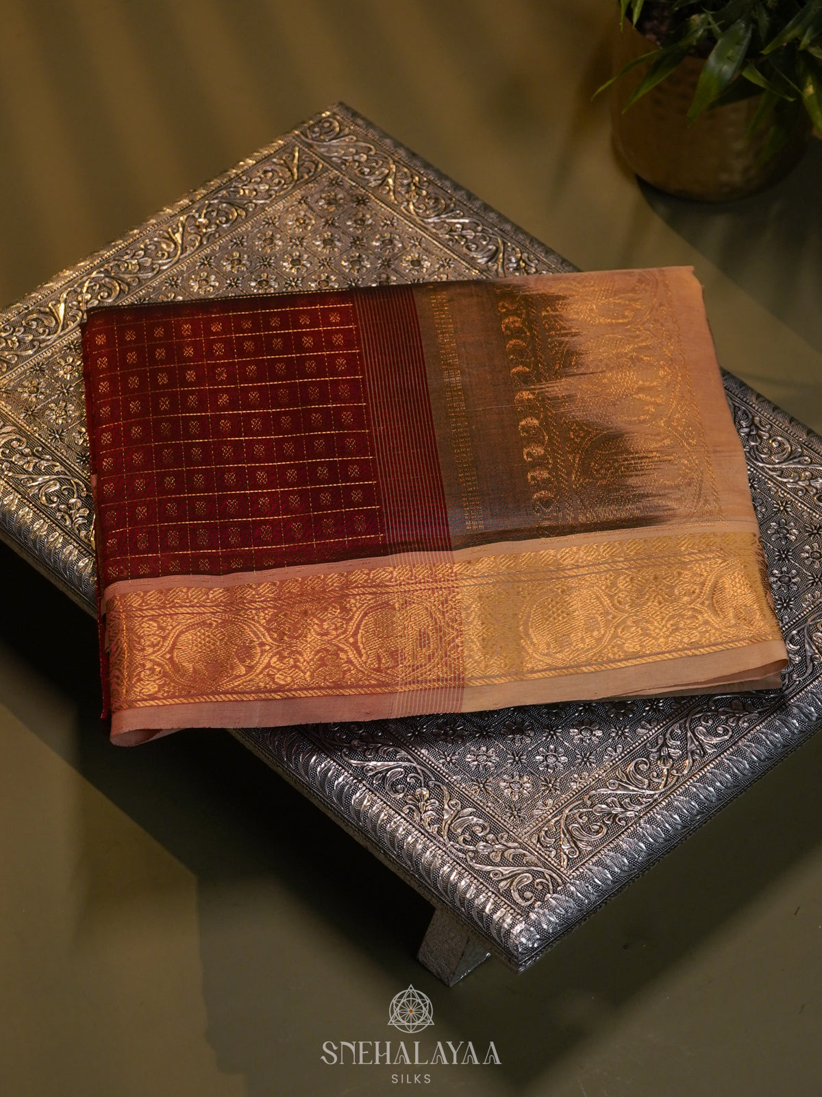 Maroon Kanchi Silk Cotton Saree with 1000 Buttas