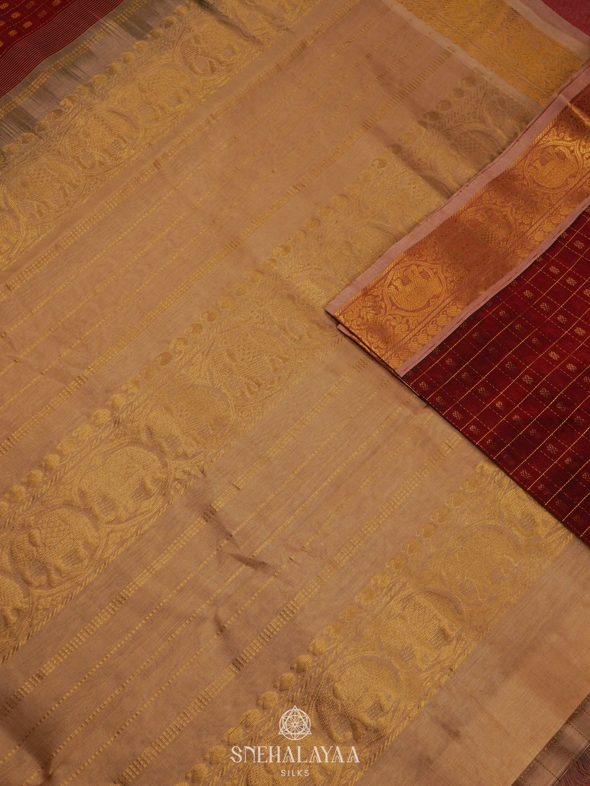 Maroon Kanchi Silk Cotton Saree with 1000 Buttas