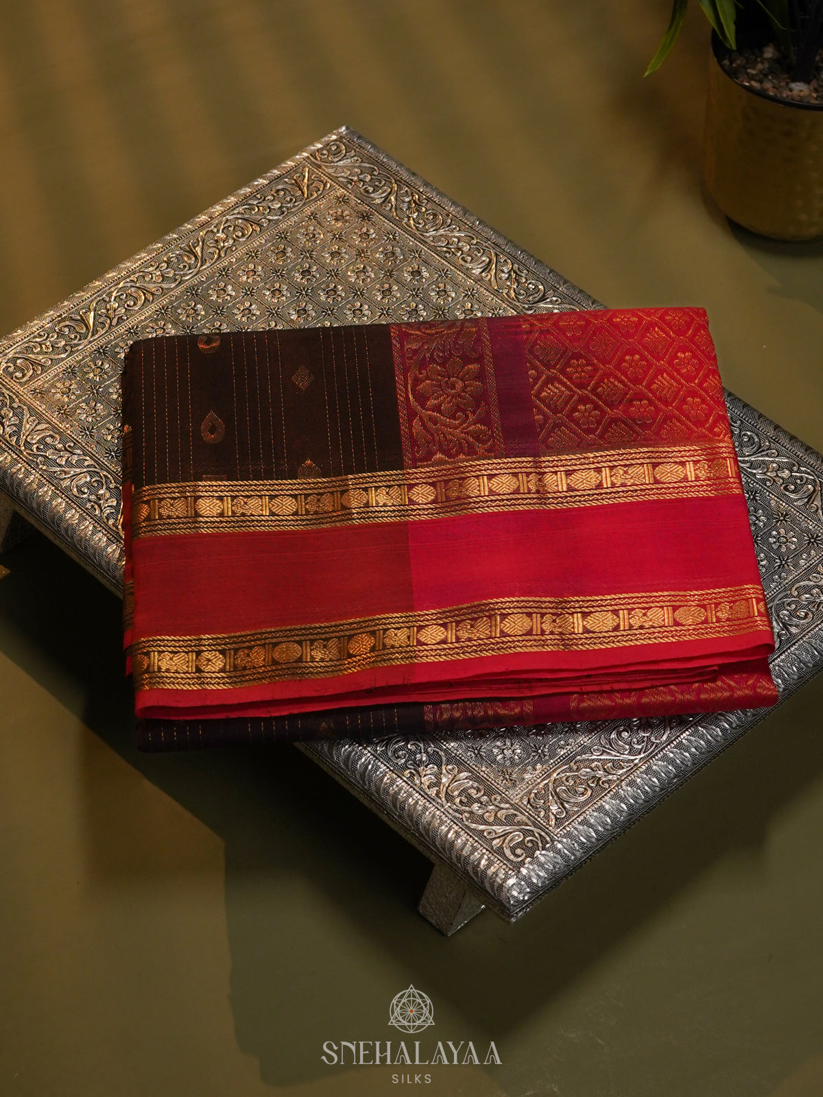 Brown Silk Cotton Saree with Zari Woven Buttas and Rich Golden Zari Border