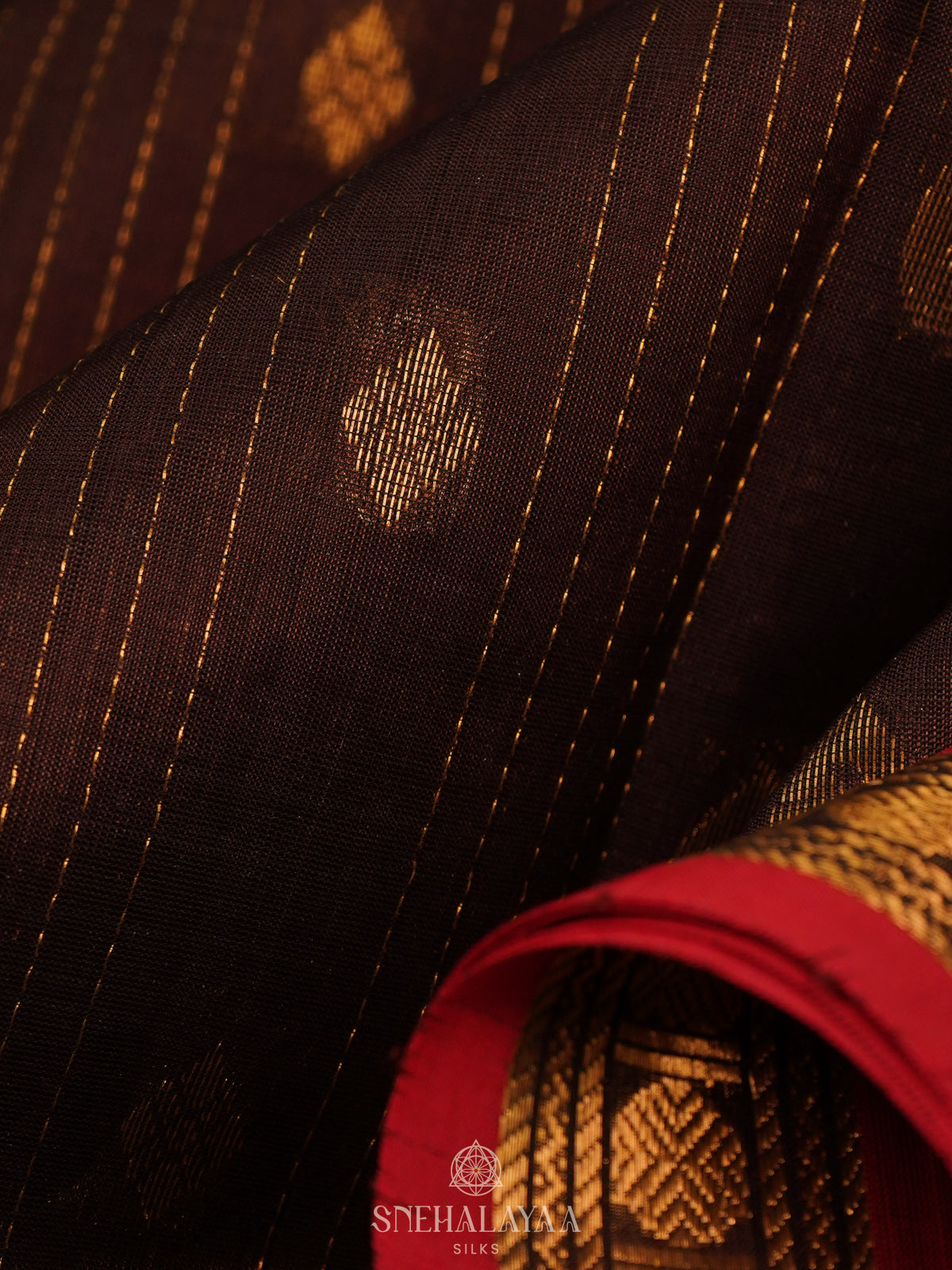 Brown Silk Cotton Saree with Zari Woven Buttas and Rich Golden Zari Border