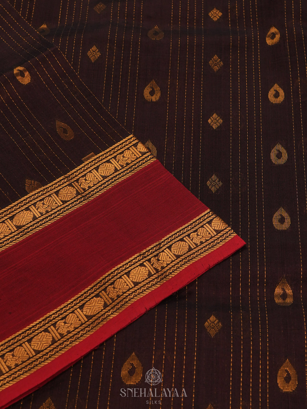 Brown Silk Cotton Saree with Zari Woven Buttas and Rich Golden Zari Border