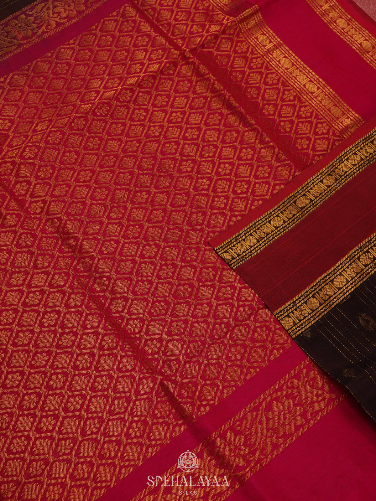 Brown Silk Cotton Saree with Zari Woven Buttas and Rich Golden Zari Border