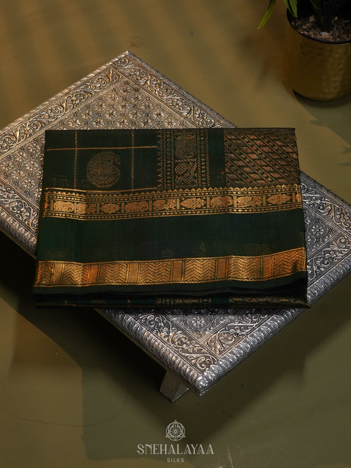 Emerald Green Checked Silk Cotton Saree with Traditional Motifs and Zari Woven Border