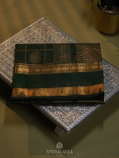 Emerald Green Checked Silk Cotton Saree with Traditional Motifs and Zari Woven Border