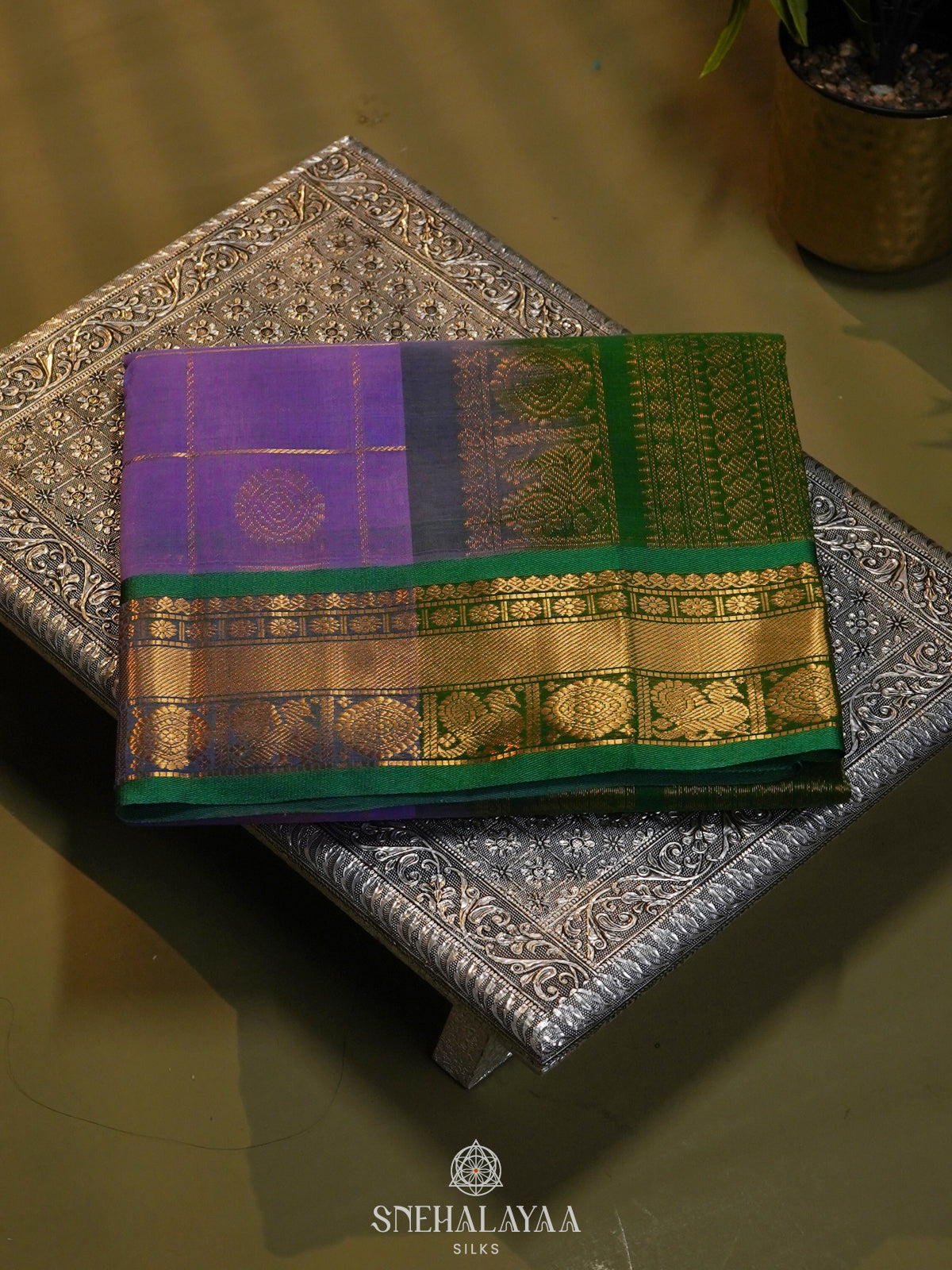 Lilac Checked Silk Cotton Saree with Traditional Motifs and Zari Woven Border