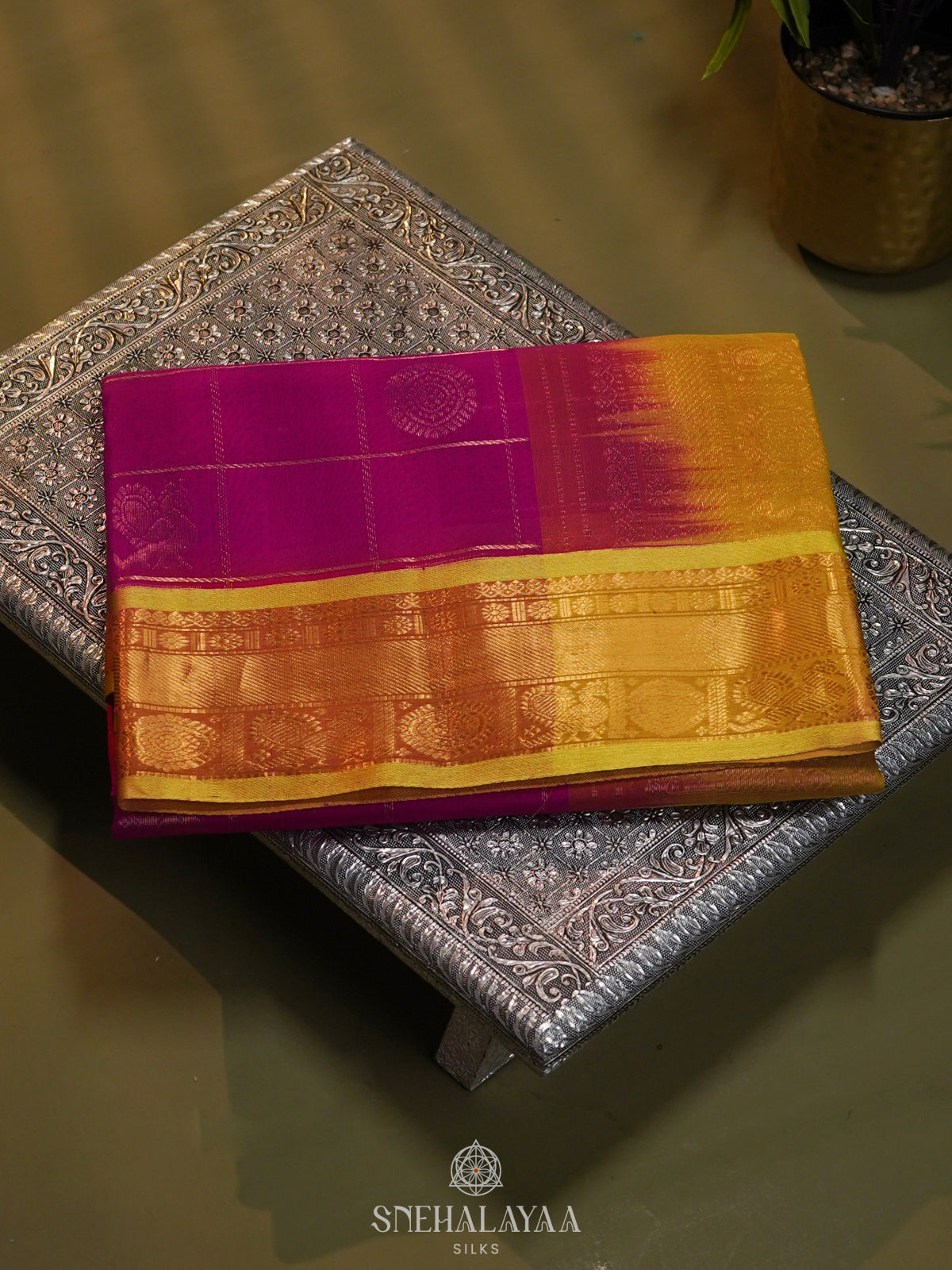 Pink Checked Silk Cotton Saree with Traditional Motifs and Zari Woven Border