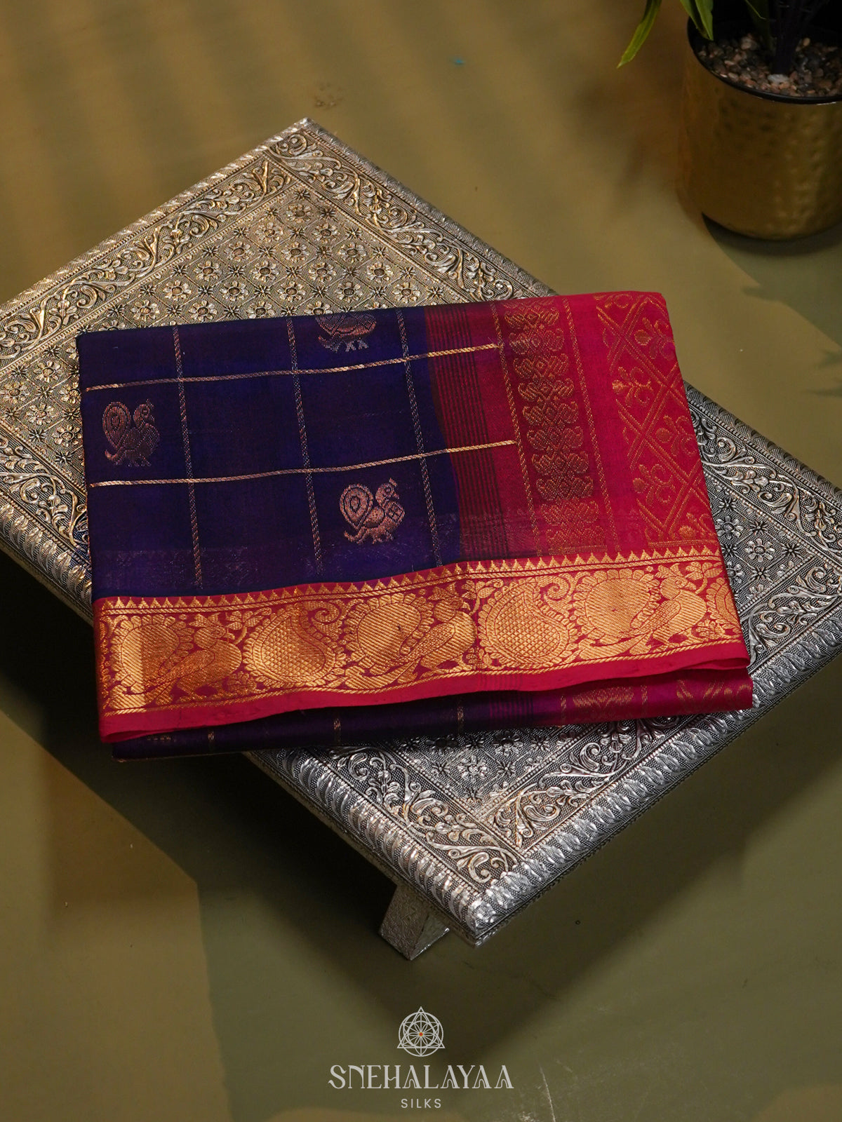 Purple Checked Silk Cotton Saree with Traditional Motifs and Zari Woven Border
