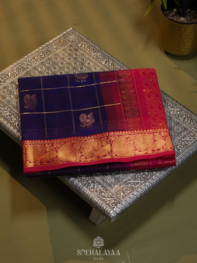 Purple Checked Silk Cotton Saree with Traditional Motifs and Zari Woven Border