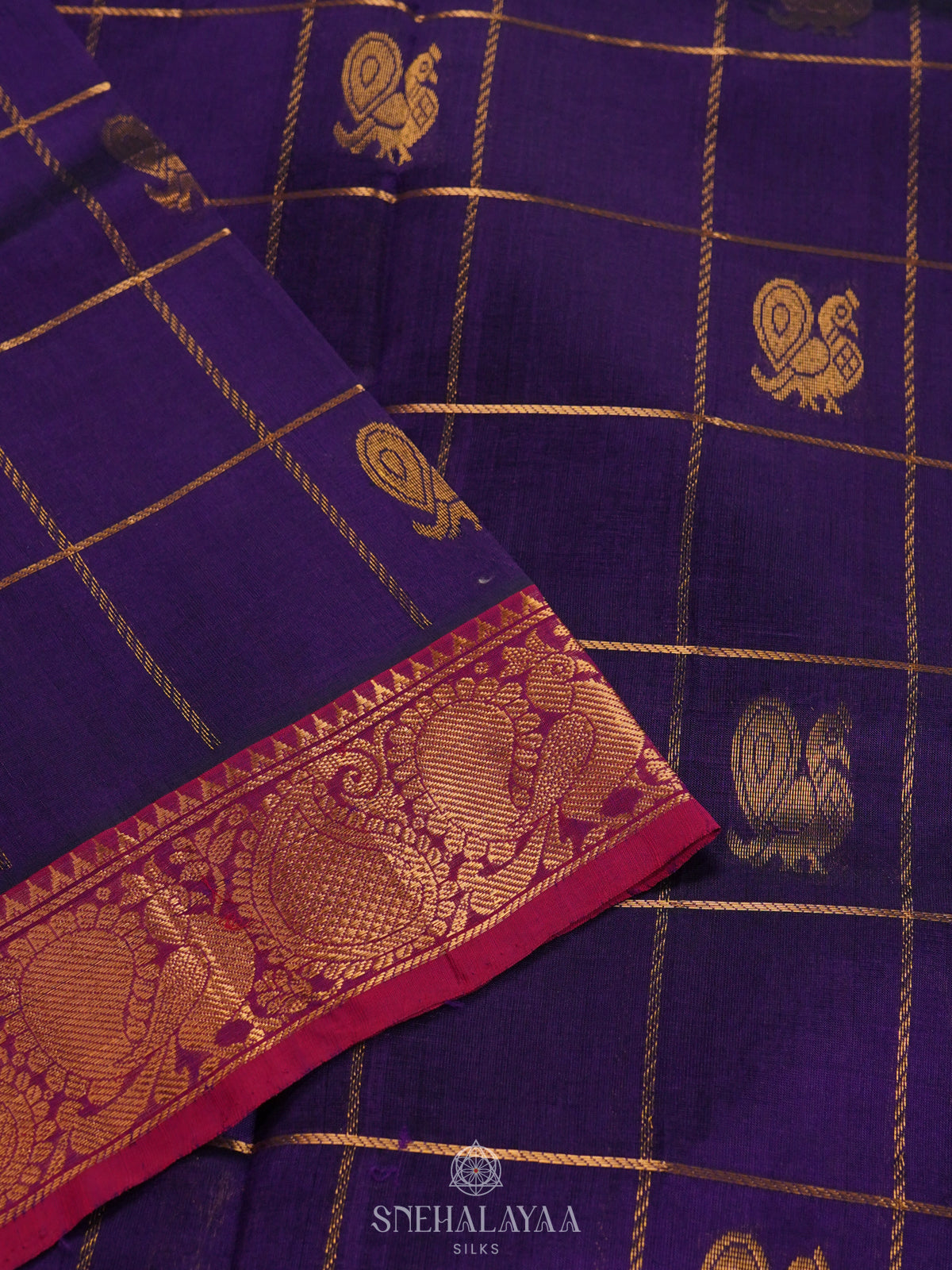 Purple Checked Silk Cotton Saree with Traditional Motifs and Zari Woven Border
