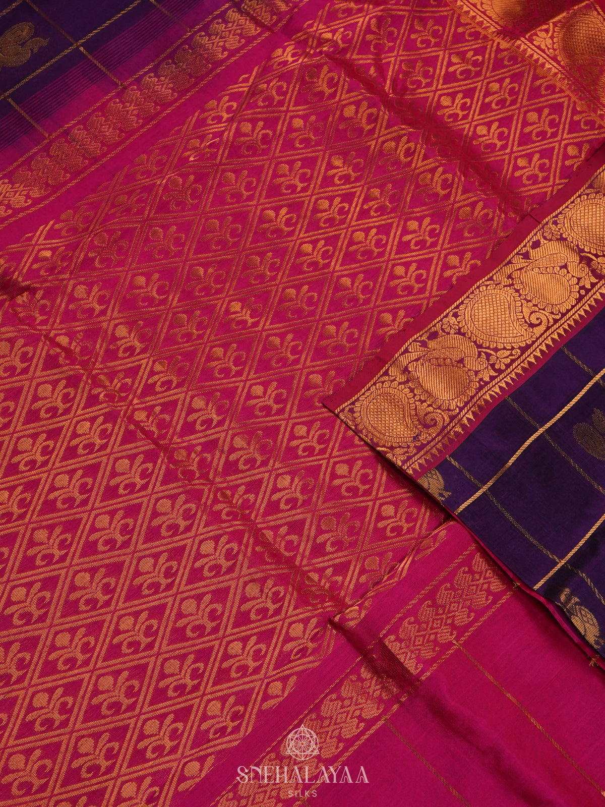 Purple Checked Silk Cotton Saree with Traditional Motifs and Zari Woven Border