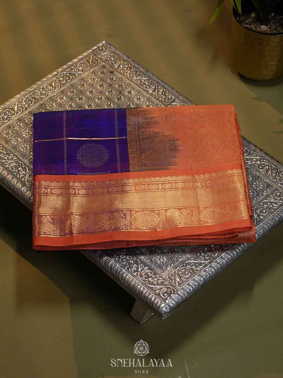 Purple Checked Silk Cotton Saree with Traditional Motifs and Zari Woven Border