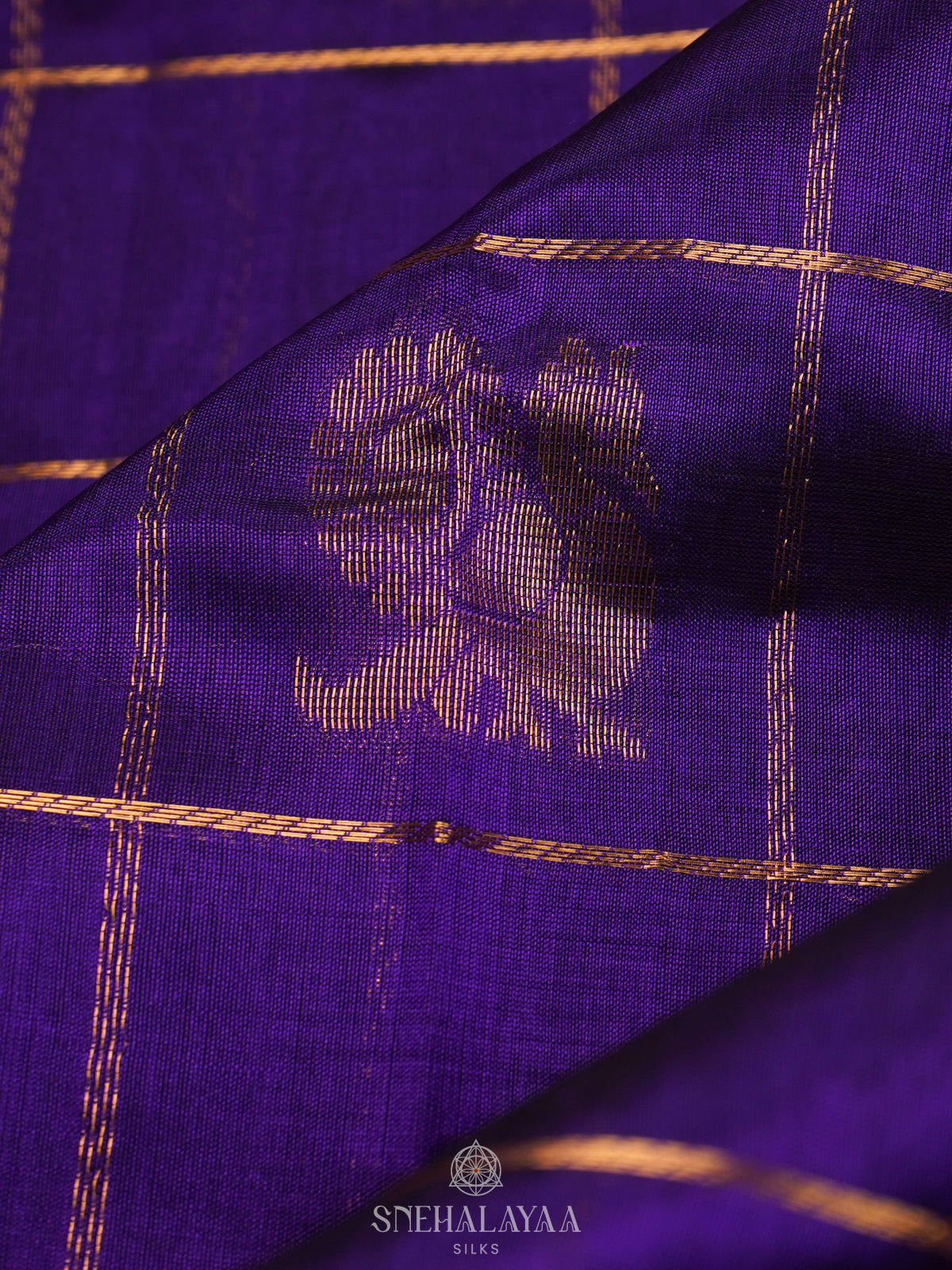 Purple Checked Silk Cotton Saree with Traditional Motifs and Zari Woven Border