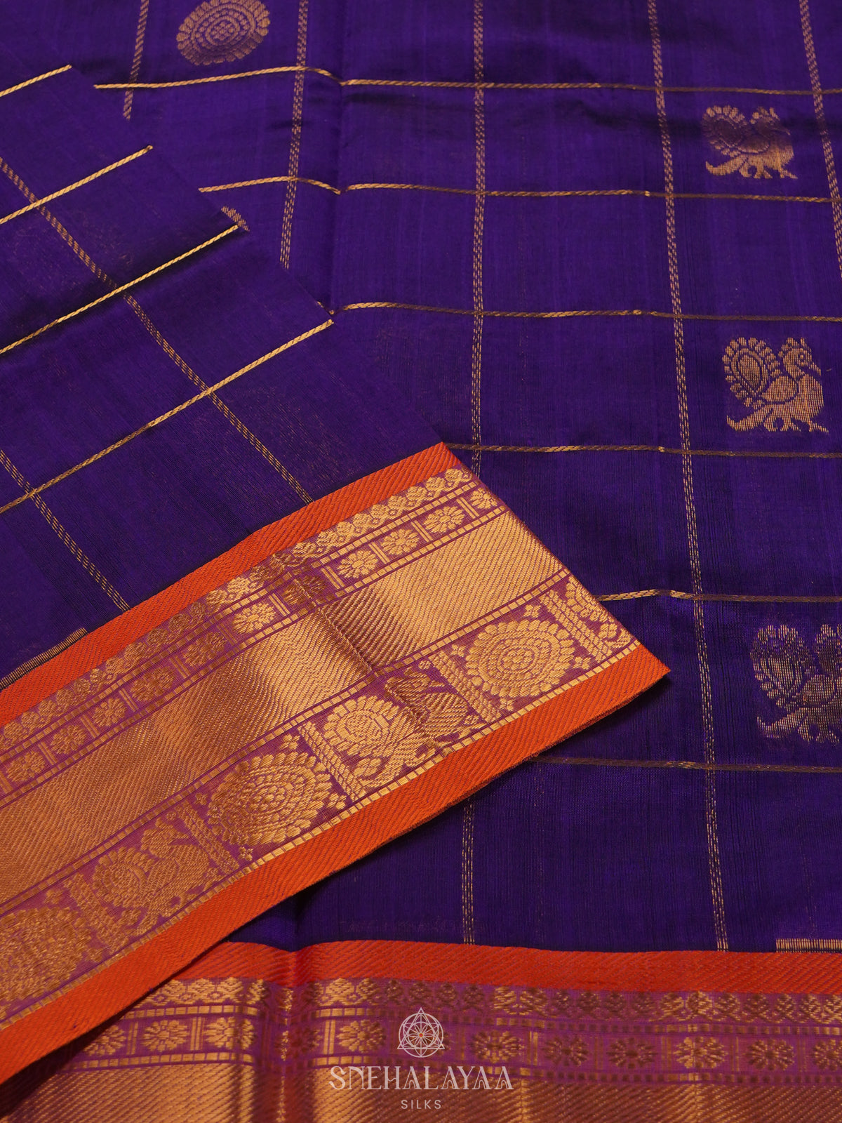 Purple Checked Silk Cotton Saree with Traditional Motifs and Zari Woven Border