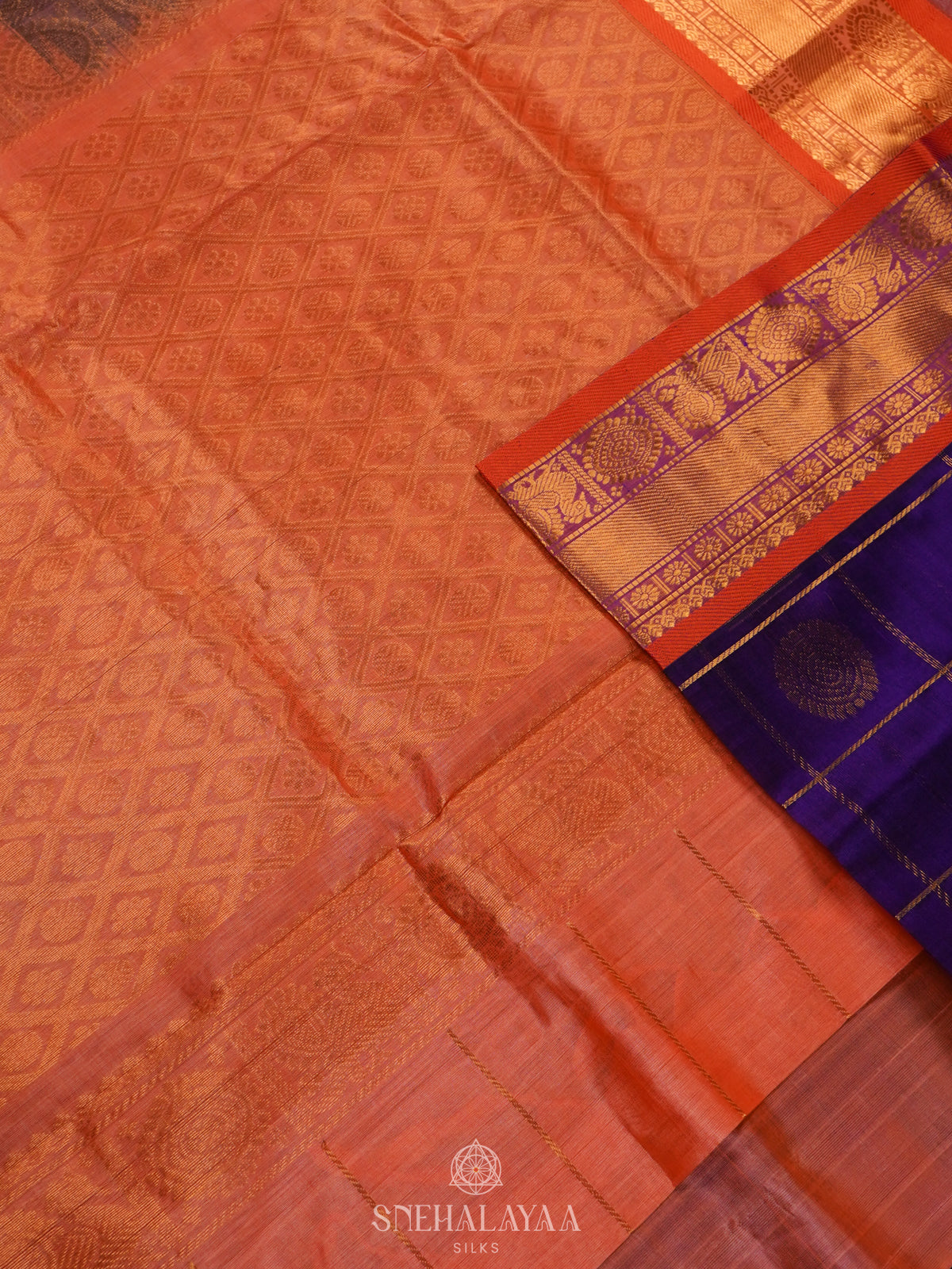 Purple Checked Silk Cotton Saree with Traditional Motifs and Zari Woven Border