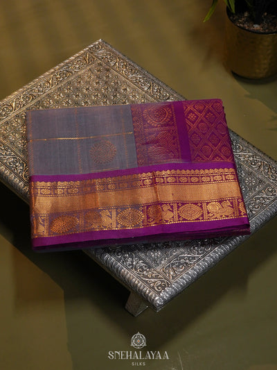 Lilac Checked Silk Cotton Saree with Traditional Motifs and Zari Woven Border