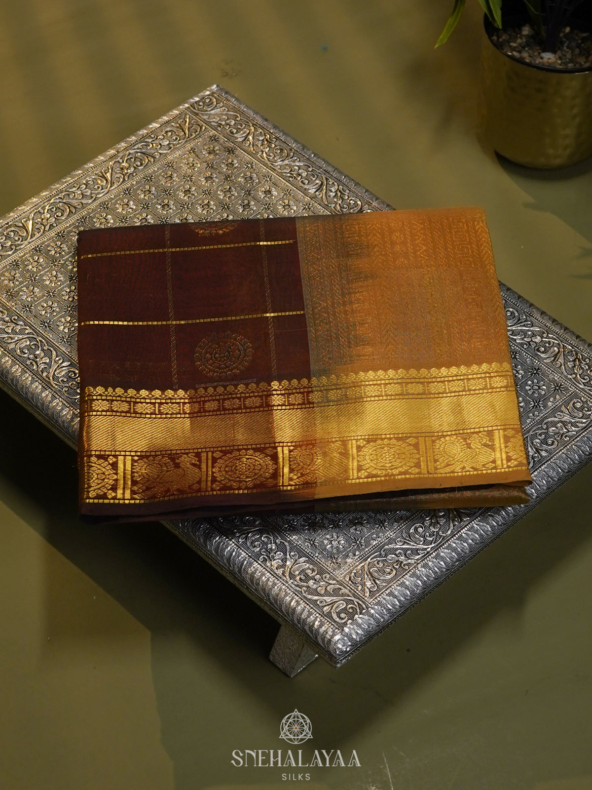 Brown Checked Silk Cotton Saree with Traditional Motifs and Zari Woven Border
